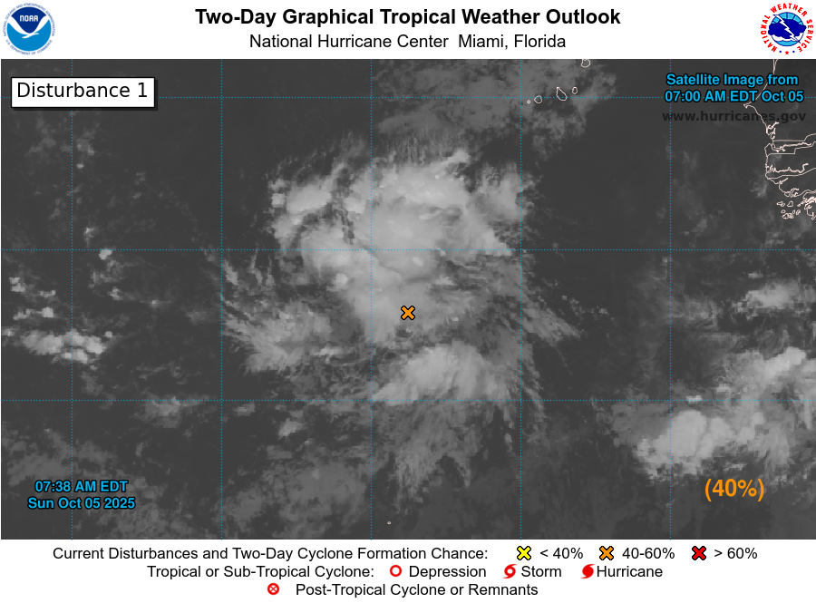 NHC_Atlantic's tweet image. 8am EDT Oct 5th -- NHC is monitoring an area of low pressure associated with a tropical wave (#AL95) which now has a high chance (70% 🔴) of formation over the next week. It is forecast to approach the Leeward Islands by late this week.

Latest outlook: hurricanes.gov/gtwo.php?basin…