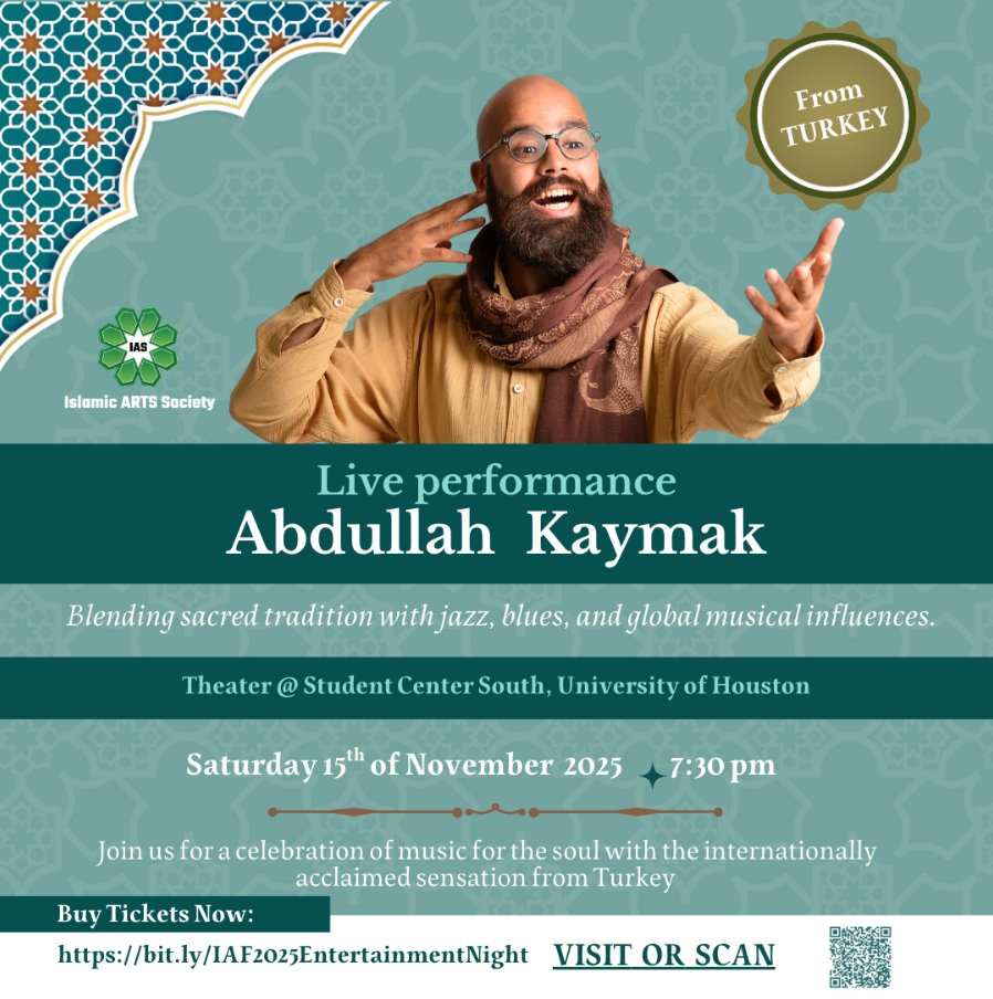 iashouston's tweet image. Don&apos;t miss this enchanting celebration of music for the soul!
Come listen to this exhilarating performance!
Get your tickets here. islamicartssociety.org/abdullah-kayma…

#IslamicArtsFestival #SufiMusic #AbdullahKaymak #Kaymak #KaymakMusic #LivePerformance #Nasheeds #naat #hamd
