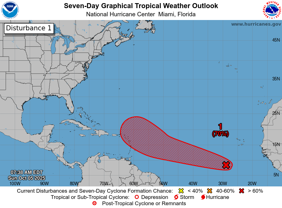 8am EDT Oct 5th -- NHC is monitoring an area of low pressure associated with a tropical wave (#AL95) which now has a high chance (70% 🔴) of formation over the next week. It is forecast to approach the Leeward Islands by late this week.

Latest outlook: hurricanes.gov/gtwo.php?basin…