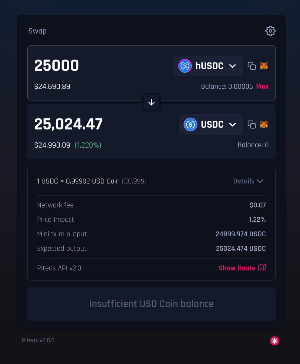 HEXscout (@hexscout) on Twitter photo 🚀 hUSDC (USDC bridged via @Hyperlane) is whale-ready! You can already swap up to $34K with zero slippage — amazing news for the entire ecosystem! 
🔥 Also, swapping $25K actually earns you 0.1% — that’s the opposite of the fee you'd pay with other services! 📈 🚀 hUSDC (USDC bridged via @Hyperlane) is whale-ready! You can already swap up to $34K with zero slippage — amazing news for the entire ecosystem! 
🔥 Also, swapping $25K actually earns you 0.1% — that’s the opposite of the fee you'd pay with other services! 📈