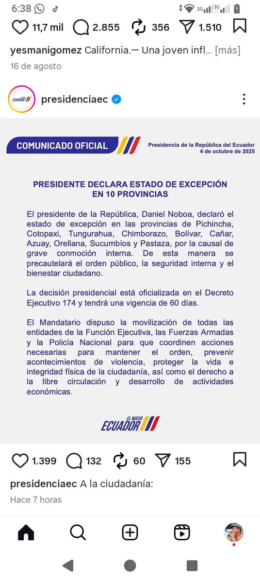 Si el presidente <a href="/DanielNoboaOk/">Daniel Noboa Azin</a> via decreto dispuso que el feriado sea del 9 al 12 de octubre, pero en este nuevo decreto de hoy 5 de octubre declara estado de excepción por 60 días entonces preguntó se cayó el feriado o será que la <a href="/CorteConstEcu/">Corte Constitucional</a>  anula el estado de excepción.??
