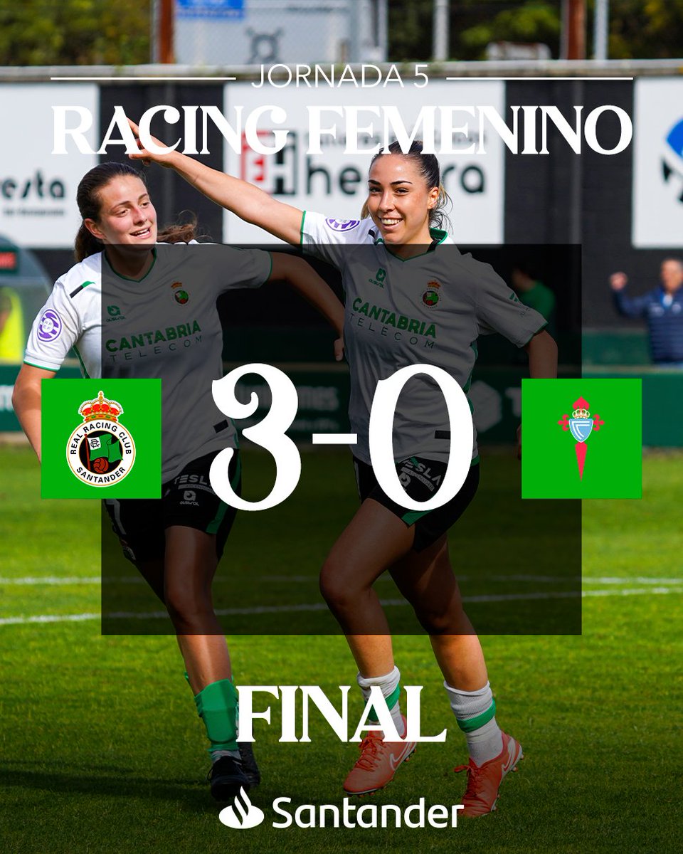 💚 FINAAAAAL 🤍

¡El #RacingFem gana al <a href="/AsCeltas/">As Celtas</a> y vuelve a lo más alto de la tabla!

Racing 3 - 0 Celta

🎯 Xesca x2 y Jimena