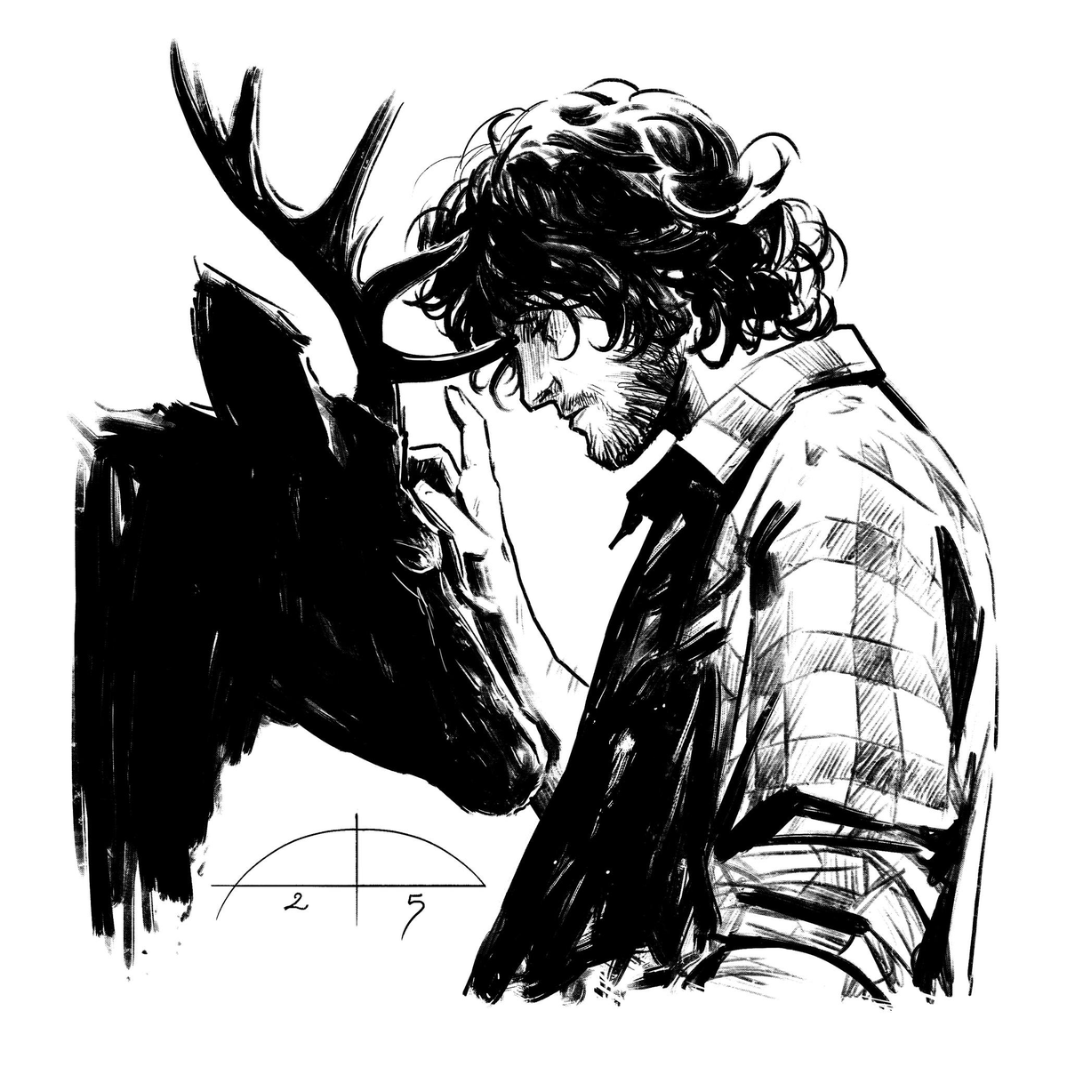Will Graham and the deer. A quiet moment of recognition between hunter and hunted, fascination and fear, love and violence, creation and destruction. A fragile peace between the man and the darkness that mirrors him. #Hannibal #Inktober #Inktober2025