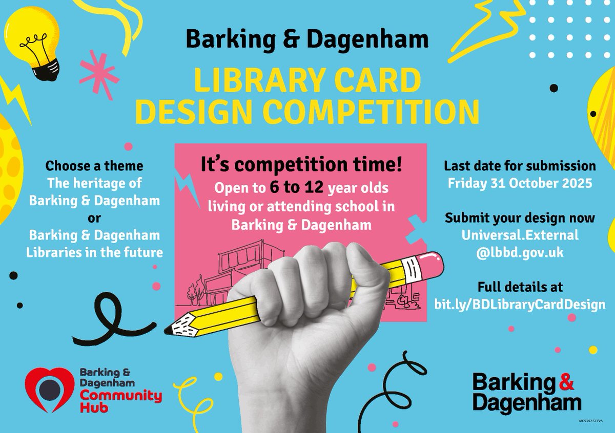 We’re calling on 6 - 12 year olds to get involved and design the next official B&amp;D Library Card🎨 

The competition closes on Friday 31 October and the winning design will be printed and used across the borough🤩 

Find out more👇🏾 
orlo.uk/yZc9I

<a href="/CllrAshraf/">Cllr Saima Ashraf</a>