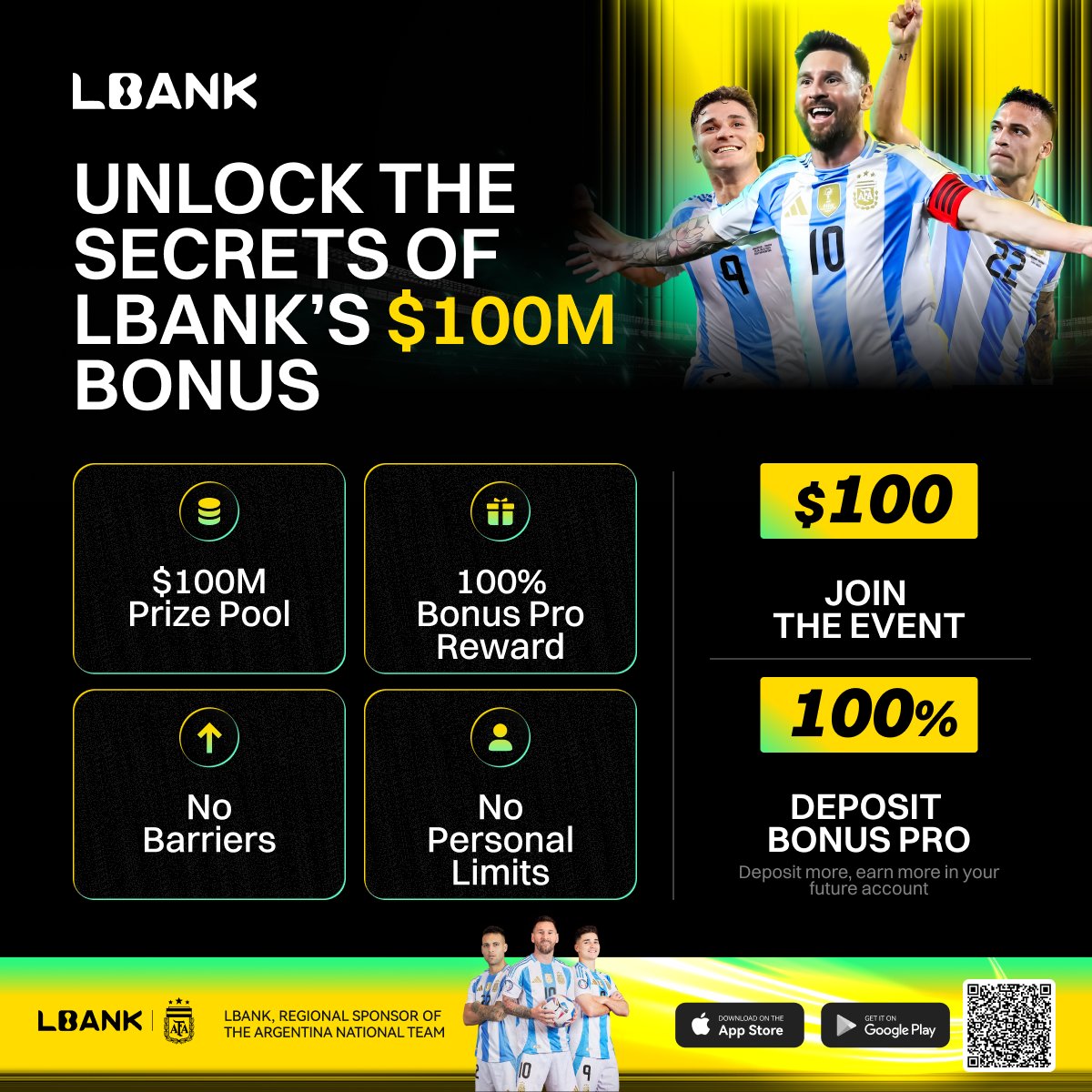 LBank.com on X: "🎉 LBank Exclusive $100 Million Bonus Giveaway! 🎉 ⚽ As the Regional Partner of the Argentina National Team, LBank is giving back to users worldwide with massive crypto rewards!