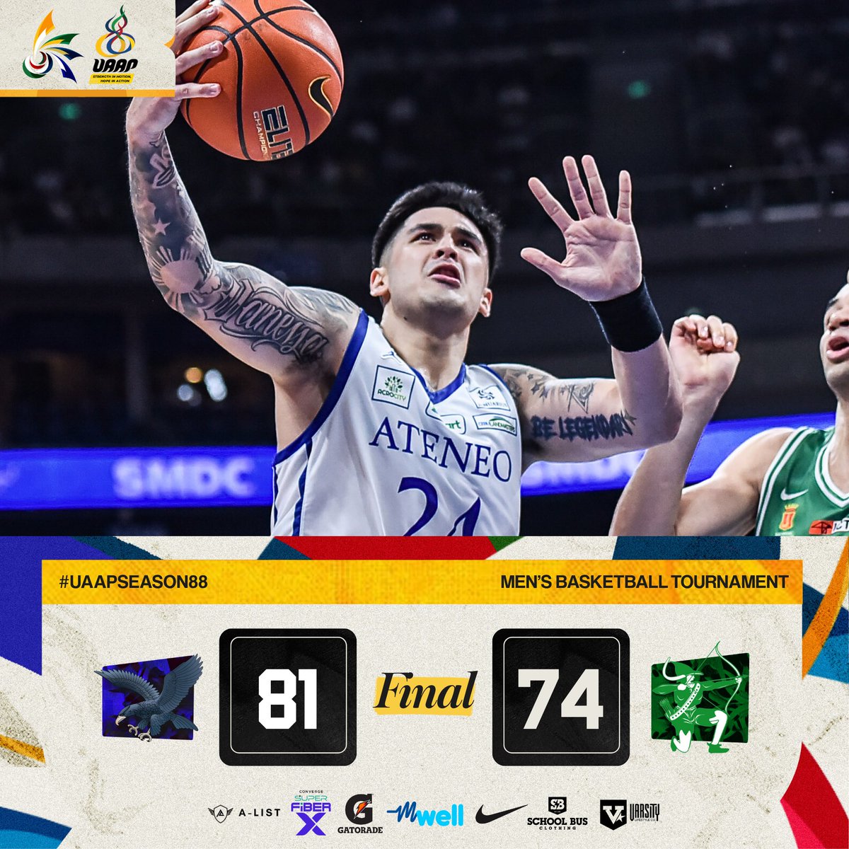 uaap_official's tweet photo. Ateneo Blue Eagles d. DLSU Green Archers, 81-74.

#UAAPSeason88
#StrengthInMotionHopeInAction https://t.co/B4l7clERxh