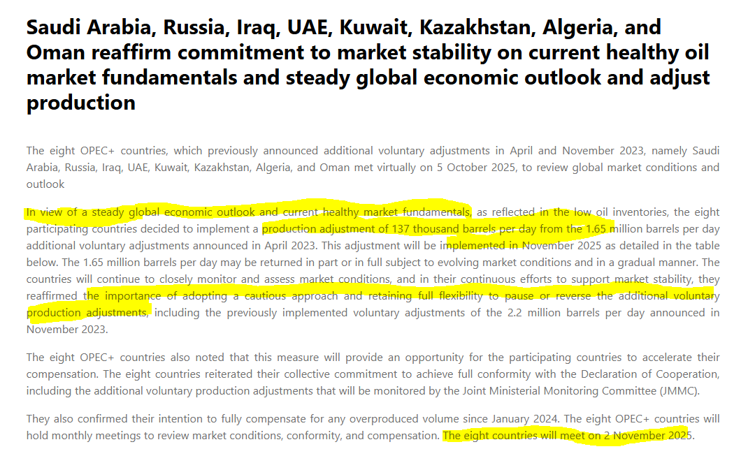 JavierBlas's tweet photo. BREAKING: The eight key OPEC+ countries agree to increase their production by 137,000 b/d from November. 

Saudi Arabia and Russia privately had an argument about how much to hike; the consensus was achieved at the lower end of the range of increases discussed | #OOTT https://t.co/NoOTD5JGUF
