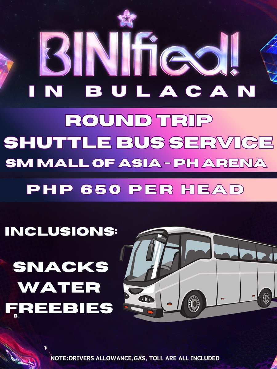 kimdyoongin's tweet photo. Interest Check!
SHUTTLE BUS ‼️
BINIfied in Bulacan (roundtrip shuttle bus)
📍MOA - Ph Arena (Round trip)
🚌 49 seaters bus (Tourist Bus)
🏷️P650.00 per head (all in)
📆11.09.2025
More details soon.
#BINIfied #BINI #BINIfiedPHArena @BINI_ph #blooms #ShuttleBus https://t.co/a8O79dW8Pm