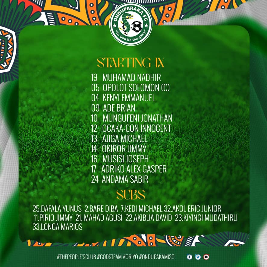 OnduparakaFC1's tweet photo. #ONDUIGU | STARTING XI π
Muhammad Nadhir starts in goal on debut.
Captain Opolot Solomon (C) partners Kenyi Emmanuel at the back.
Musisi Joseph & Andama Sabir make midfield debuts.
Live Commentary:
https://t.co/vRan47S2qx
#AMAONDUPARAKA | #PAKAMISO | #GODSTEAM https://t.co/gfM7hAE0LB