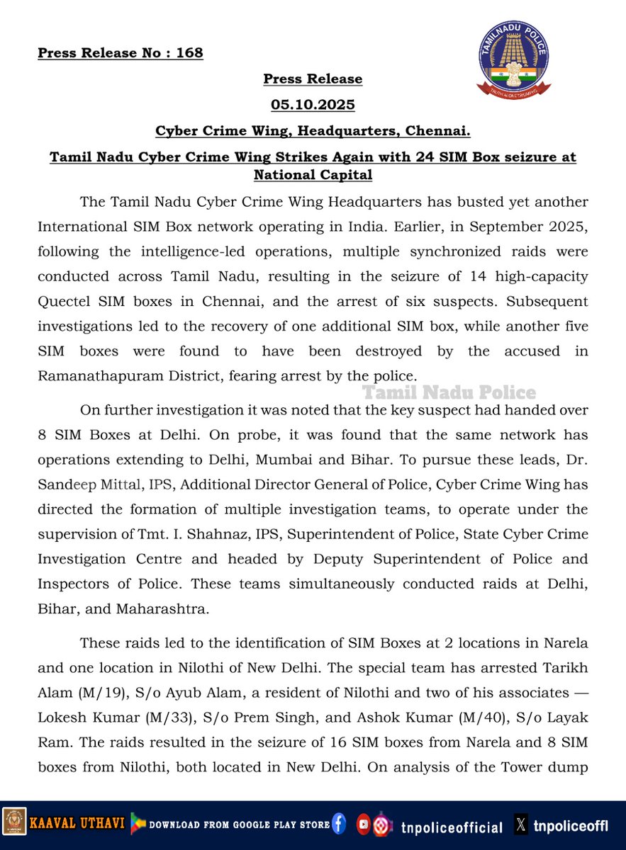tnpoliceoffl's tweet photo. Tamil Nadu Cyber Crime Wing Strikes Again with 24 SIM Box seizure at National Capital.

https://t.co/61Yjgmtoff...

#CyberCrime #SIMBox #SIMBoxSeizure #TNPolice #CyberCrimeWing #PoliceAction #TamilNaduPolice https://t.co/PrZaeviKdd