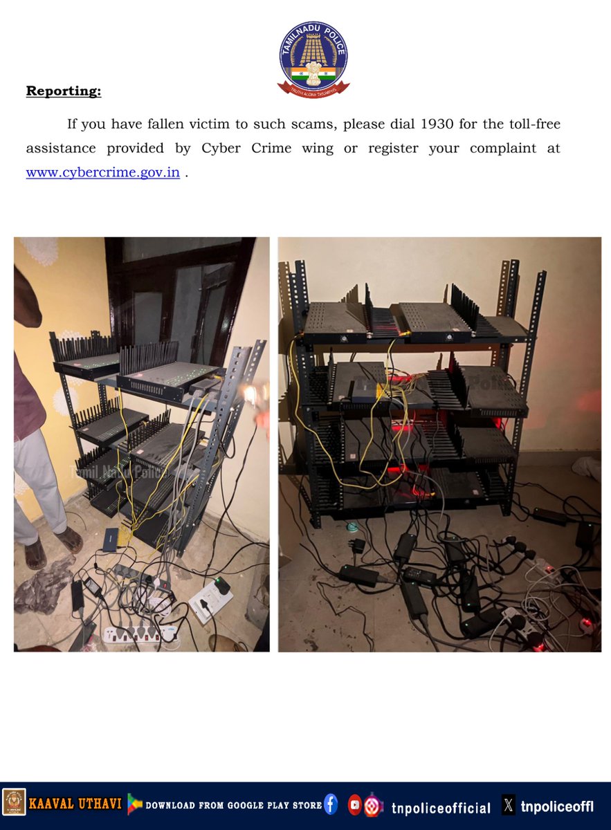 tnpoliceoffl's tweet photo. Tamil Nadu Cyber Crime Wing Strikes Again with 24 SIM Box seizure at National Capital.

https://t.co/61Yjgmtoff...

#CyberCrime #SIMBox #SIMBoxSeizure #TNPolice #CyberCrimeWing #PoliceAction #TamilNaduPolice https://t.co/PrZaeviKdd