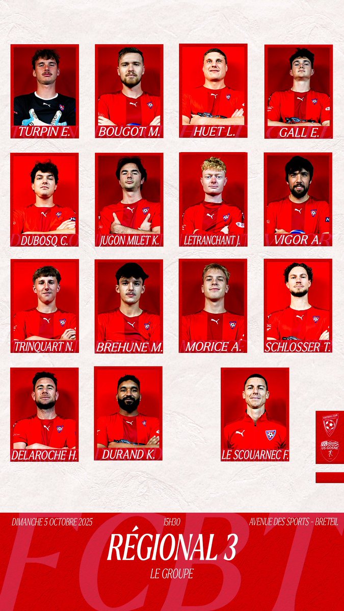 Le groupe de Fabien 👊

Rendez-vous 15h30 à Breteil pour la 3ème journée de Régional 3 🔥

#FCBT #GoFCBT | 💙&amp;❤️