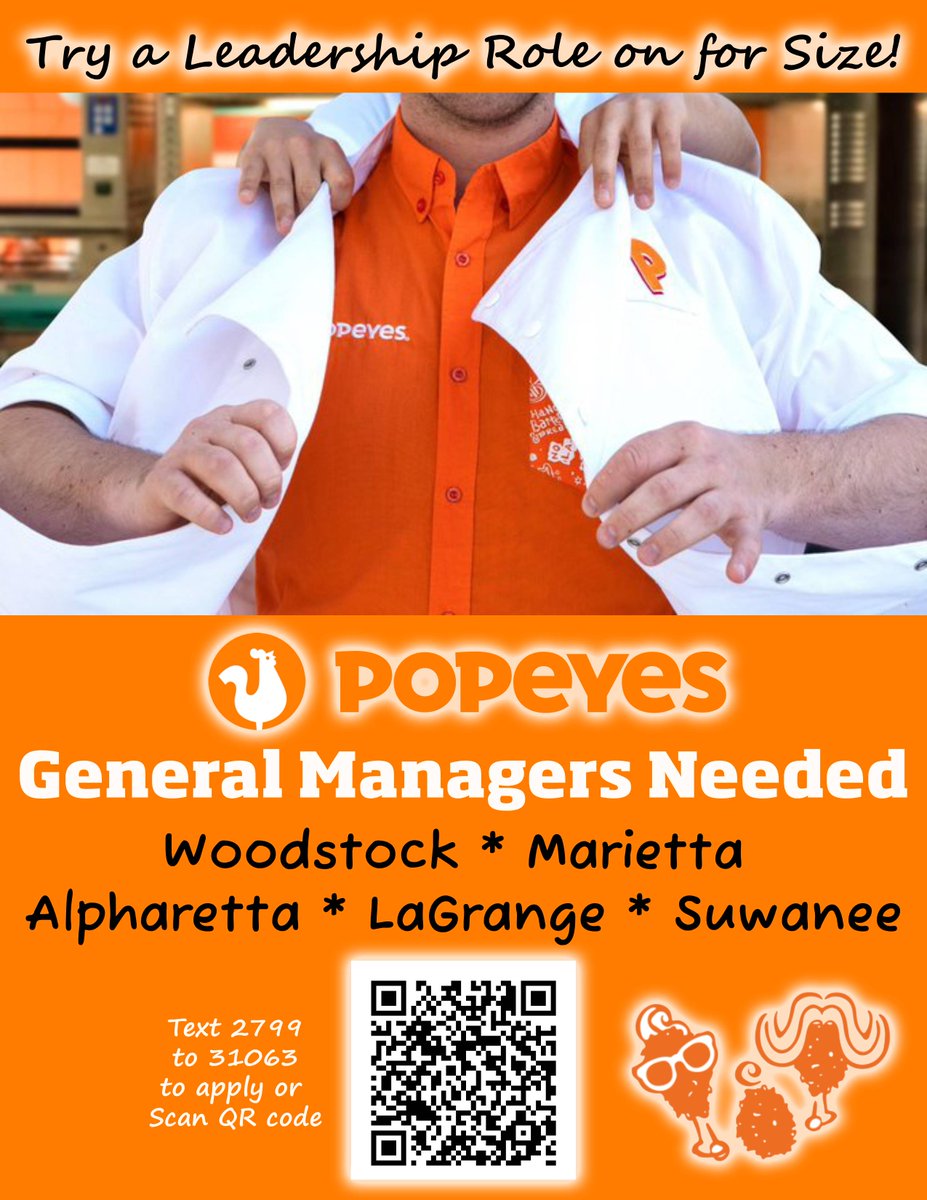FunkyChickenATL's tweet image. 👔 Try a Leadership Role on for Size! 👔
Popeyes is looking for GMs: Woodstock, Marietta, Alpharetta, LaGrange, Suwanee! 📲workstream.us/j/74bf9108/pop…
 #WoodstockGA #MariettaGA #AlpharettaGA #LaGrangeGA #SuwaneeGA #NowHiringGA #JoinTheFlavor #SouthernStyleCareers #LeadWithFlavor