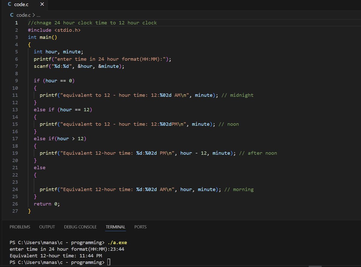 manas_upreti123's tweet image. Day 2⏰"24-Hour to 12-Hour Clock Converter in C – Time Made Simple!" #CProgramming #100DaysOfCode #DevCommunit
