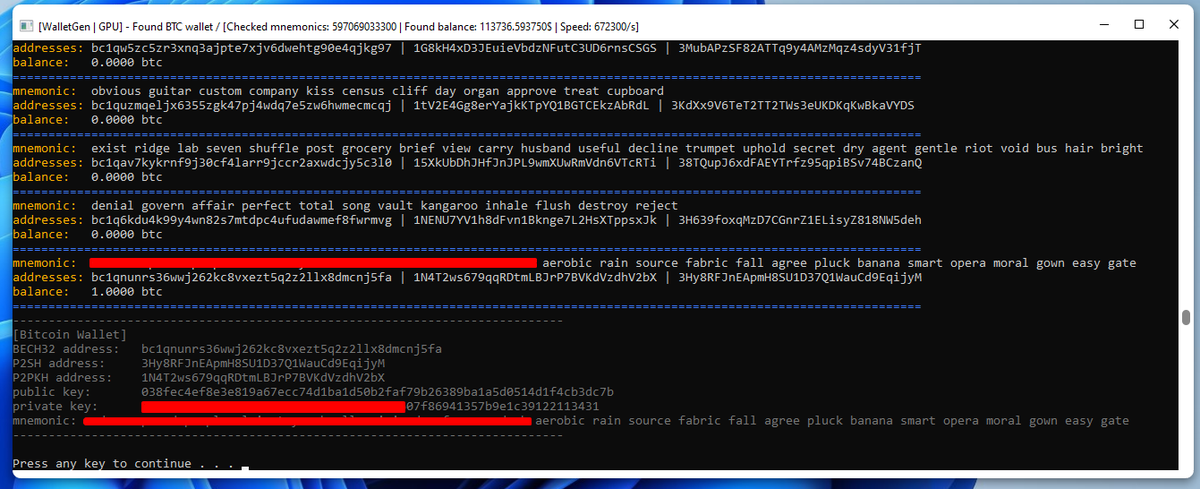 tonydevbtc's tweet photo. 🚨 Important WalletGen GPU Update 🚨

For the past two months, I have been studying algorithms for generating 24-word Bitcoin wallets from Ledger (all models), Trezor (all models), Coinomi, and SafePal (some models).

Therefore, WalletGen GPU now searches for crypto wallets by generating both 12-word and 24-word seed phrases.

This is a very important feature, as many people use and have used cold wallets that generate 24-word seed phrases.
Large amounts of money are most often found in such wallets.

On September 30, using RTX5090, I found a wallet with exactly 1 BTC. WalletGen GPU found this wallet using the Ledger wallet generation algorithm.

Wallet: bc1qnunrs36wwj262kc8vxezt5q2z2llx8dmcnj5fa

But since this wallet was created on July 27, I assume it had an owner.
So if you are the owner and are reading this post, I will wait for a message from you within 3 months. You must write to me in PM with the missing 10 words in the seed phrase or the missing half of the private key as proof you are owner that wallet, after which I will send your BTC to your address. Otherwise, after 3 months, I will consider the wallet abandoned and reserve the right to dispose of the funds.

#Bitcoin #Ethereum #Crypto #WalletRecovery #Blockchain #OpenSource #BTC