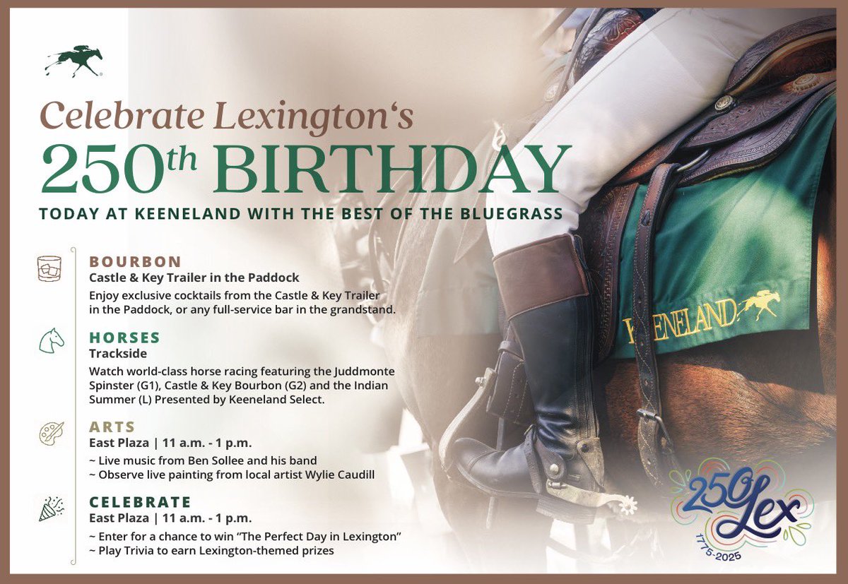 Lexington’s 250th birthday celebration at <a href="/keeneland/">Keeneland</a> is TODAY! See you trackside! 🐎