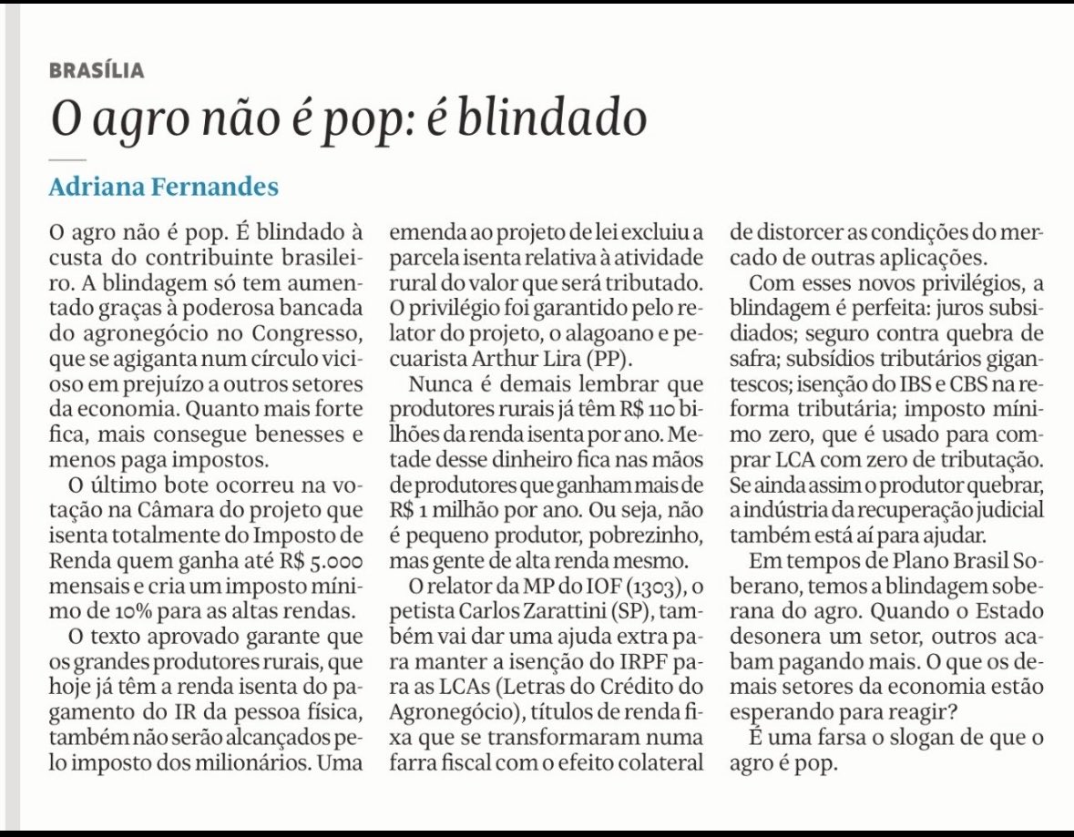 Sergio Wulff Gobetti (@swgobetti1) on Twitter photo Irretocável este artigo de <a href="/AFernandes/">Adriana Fernandes</a> da Folha de S.Paulo. Ela mostra o absurdo que são os benefícios/privilégios em cascata obtidos pelo setor agro no Brasil: desde subsídios para produzir até isenção sobre o lucro final obtido com o negócio. Uma aberração. Irretocável este artigo de <a href="/AFernandes/">Adriana Fernandes</a> da Folha de S.Paulo. Ela mostra o absurdo que são os benefícios/privilégios em cascata obtidos pelo setor agro no Brasil: desde subsídios para produzir até isenção sobre o lucro final obtido com o negócio. Uma aberração.