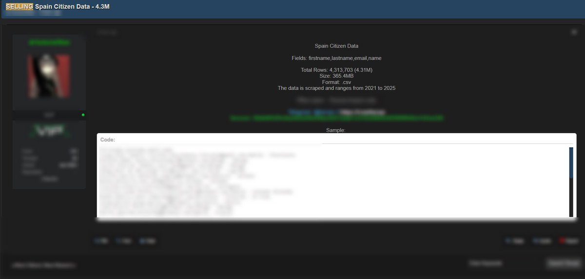 MonThreat's tweet photo. 🚨Alleged Sale of Spain Citizen's Data🚨

ThreatMon has detected a claim regarding the unauthorized acquisition of 4.3 million records belonging to Spain citizens. The announcement suggests that a large-scale dataset has been obtained without consent, raising significant concerns about privacy and data protection. According to the shared information, the compromised dataset allegedly contains sensitive personal details, including first names, last names, and email addresses, which are reportedly organized and made available in CSV format.

#DataLeak #Spain #DarkWeb #ThreatMon