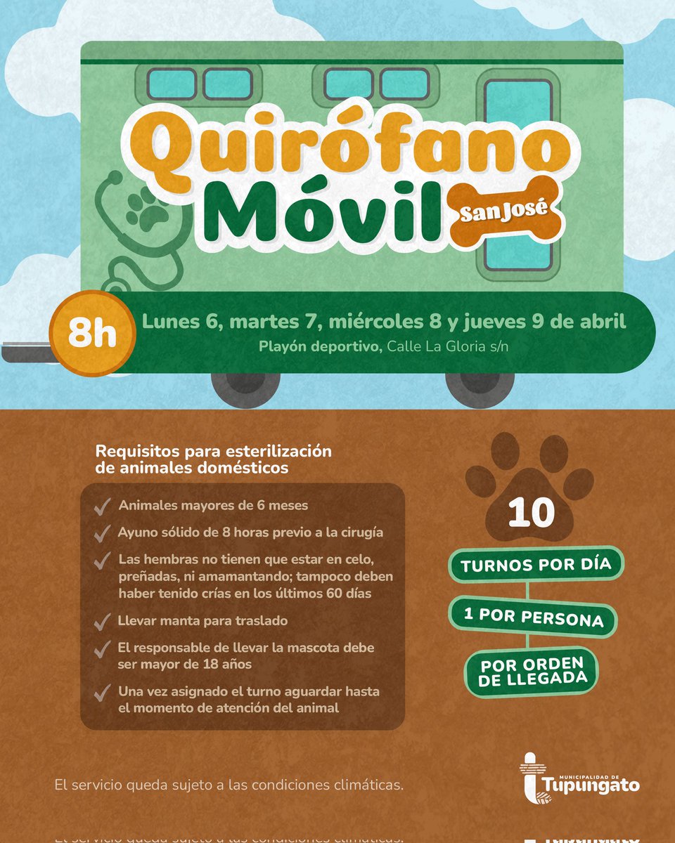 𝗔𝗧𝗘𝗡𝗖𝗜𝗢́𝗡 𝗦𝗔𝗡 𝗝𝗢𝗦𝗘́  🐾 📢
👉 Recordá que la esterilización es un acto de tenencia responsable que ayuda a cuidar la salud de nuestras mascotas y a controlar la población animal.

⚠️ El servicio es gratuito, con turnos limitados y por orden de llegada.