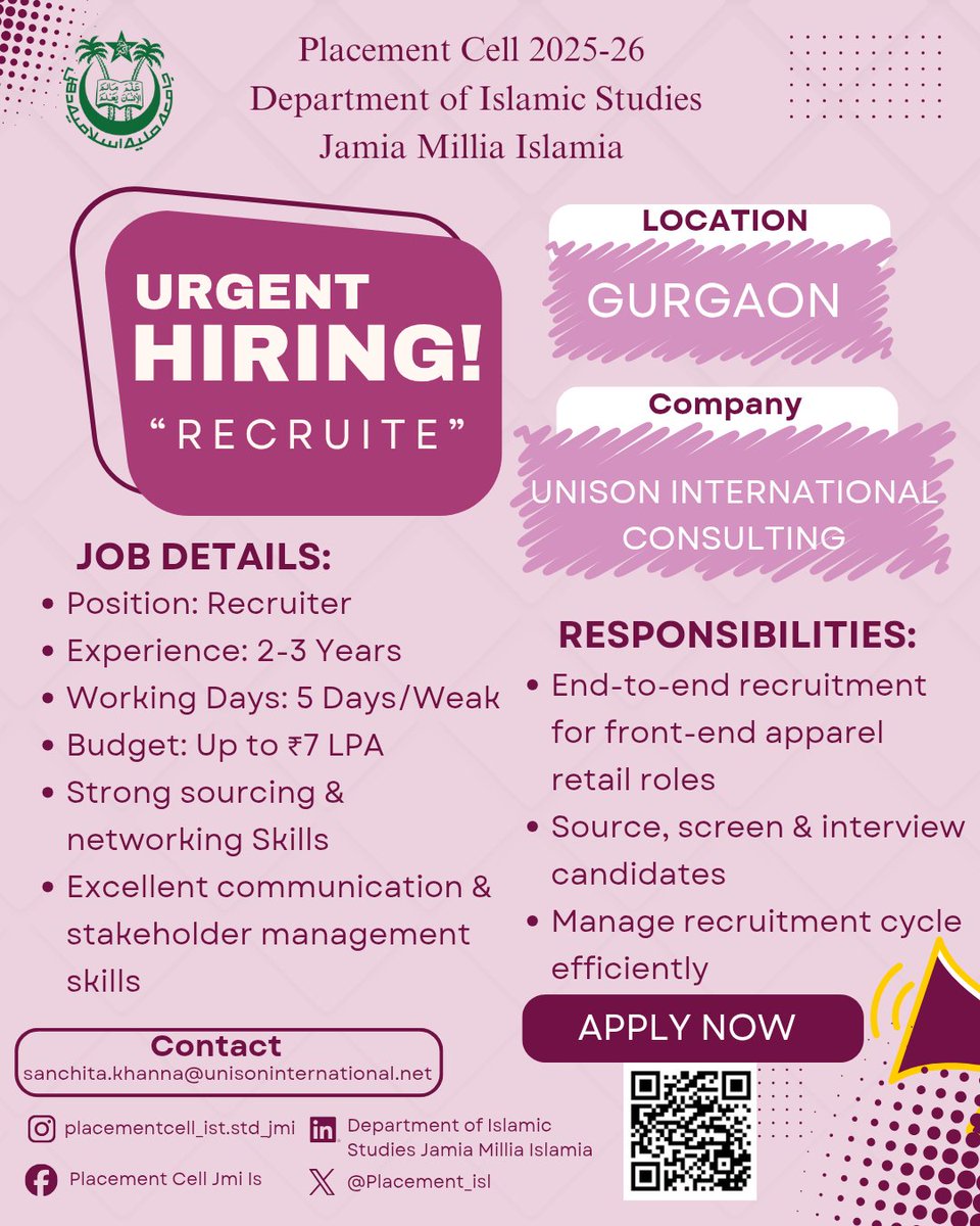 Placement_isl's tweet photo. The Department of Islamic Studies is committed to guiding students toward professional excellence. Explore the latest internships and career opportunities!
#JamiaMilliaIslamia #IslamicStudies #PlacementCell #CareerDevelopment #JobOpportunities #Internships https://t.co/6glnJerZwr
