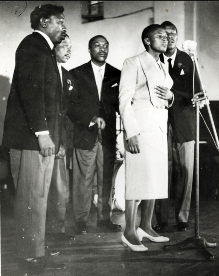 Miriam Makeba performing with the Manhattan Brothers, c 1953. Image Source: Electric Jive
