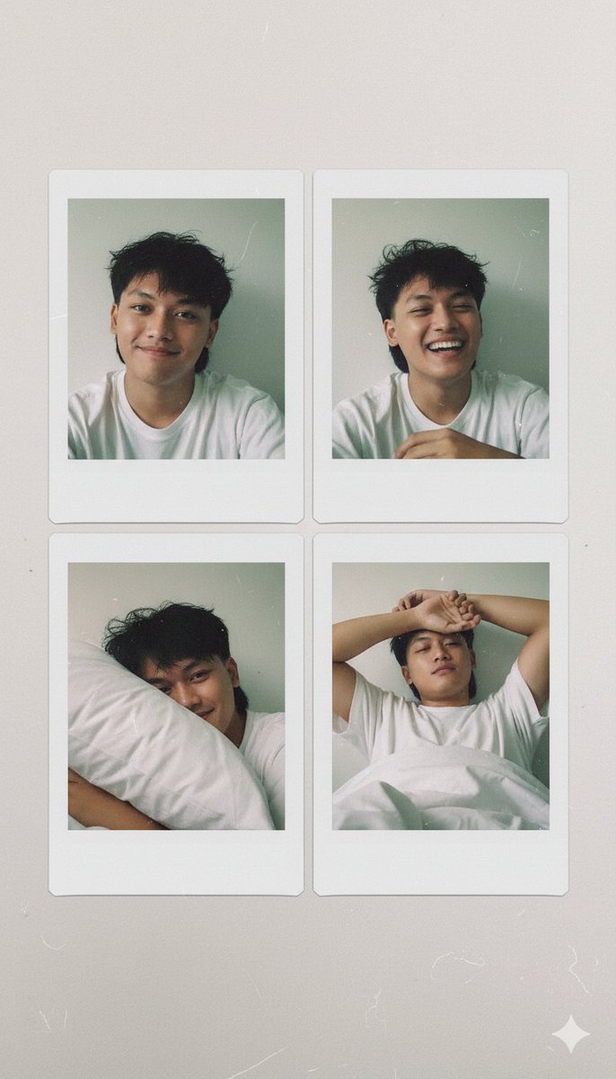 Don’t change face or hairstyle. Create 4 vintage Polaroid-style portraits in a clean collage, white frames on white wall. Authentic retro film look: faded tones, pastel, creamy whites, film grain, dust, scratches, dreamy morning light. Subject in oversized white shirt. #prompt
