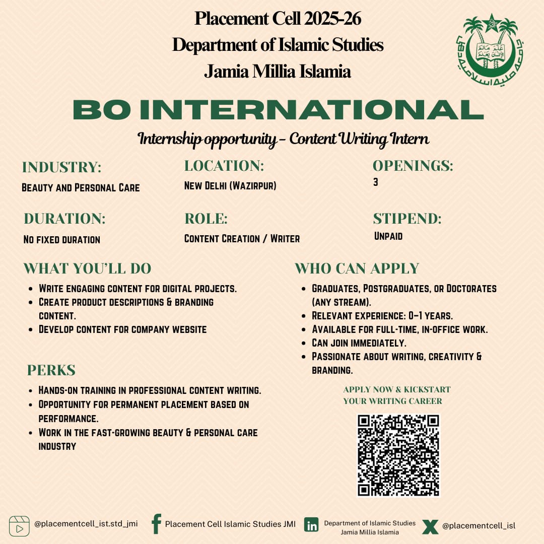 Placement_isl's tweet photo. The Department of Islamic Studies is committed to guiding students toward professional excellence. Explore the latest internships and career opportunities!
#JamiaMilliaIslamia #IslamicStudies #PlacementCell #CareerDevelopment #JobOpportunities #Internships https://t.co/6glnJerZwr