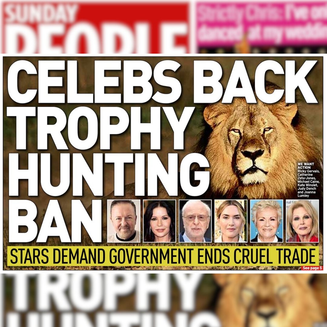 On the front page of today’s Sunday People: 100 celebs are calling on the Government to STOP sick trophy hunting imports.

💌 Join them today! Email Emma.reynolds.mp@parliament.uk and defra.helpline@defra.gov.uk to demand the UK #BanTrophyHunting imports once and for all.