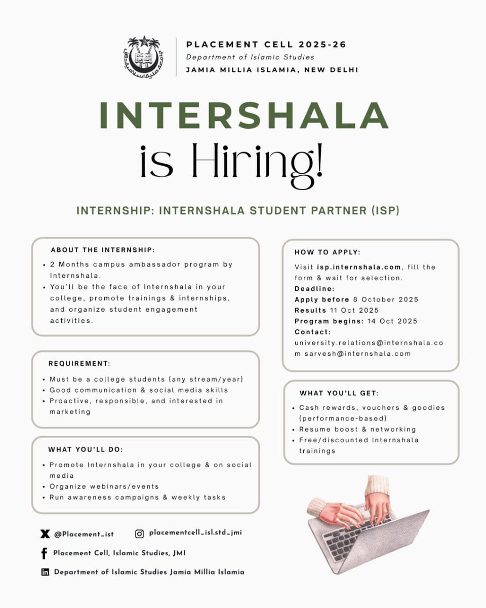 Placement_isl's tweet photo. The Department of Islamic Studies is committed to guiding students toward professional excellence. Explore the latest internships and career opportunities!
#JamiaMilliaIslamia #IslamicStudies #PlacementCell #CareerDevelopment #JobOpportunities #Internships https://t.co/UvTxnK307Y