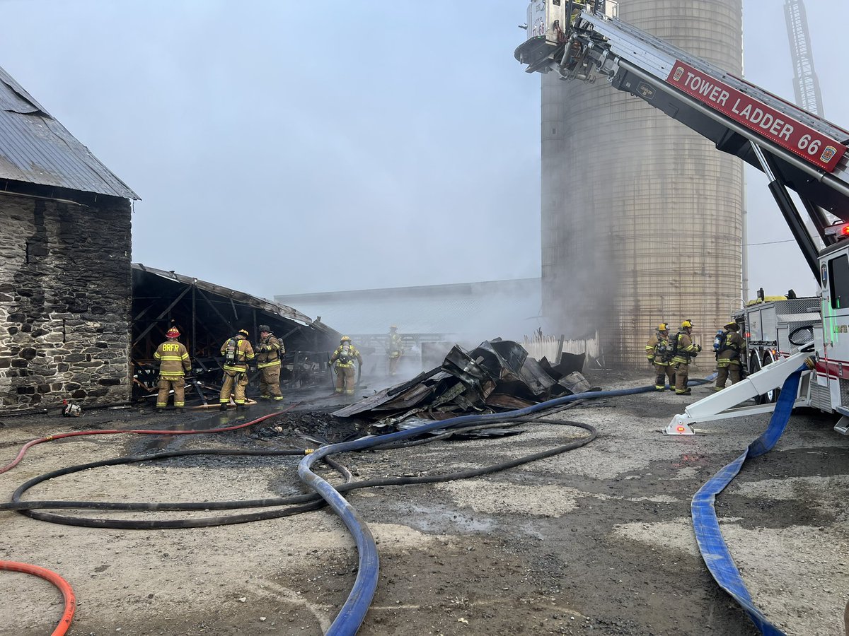 Crews working an early morning barn fire on Blue Rock Road.   Station 90 and multiple neighboring companies still working on fire in silo