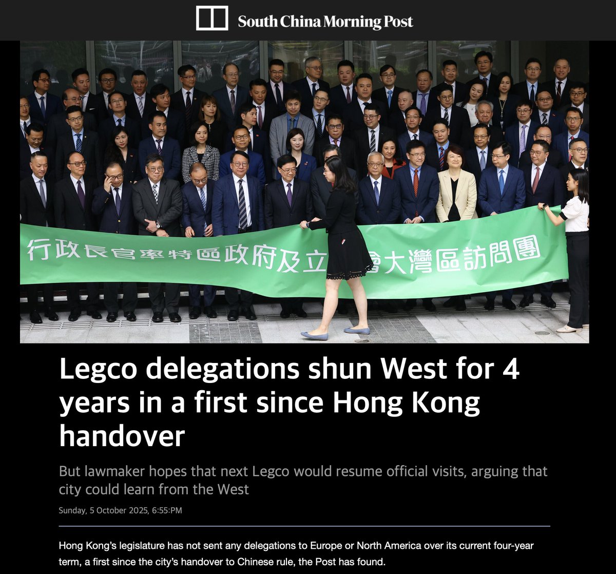 kjoules's tweet photo. In a deleted SCMP article posted earlier tonight: For the first time since the handover, Hong Kong's LegCo did not send an official delegation to Europe or North America during its 4-year term, with one analyst suggesting such visits could lead to "embarrassment or hostility" https://t.co/fa7xHIodfy