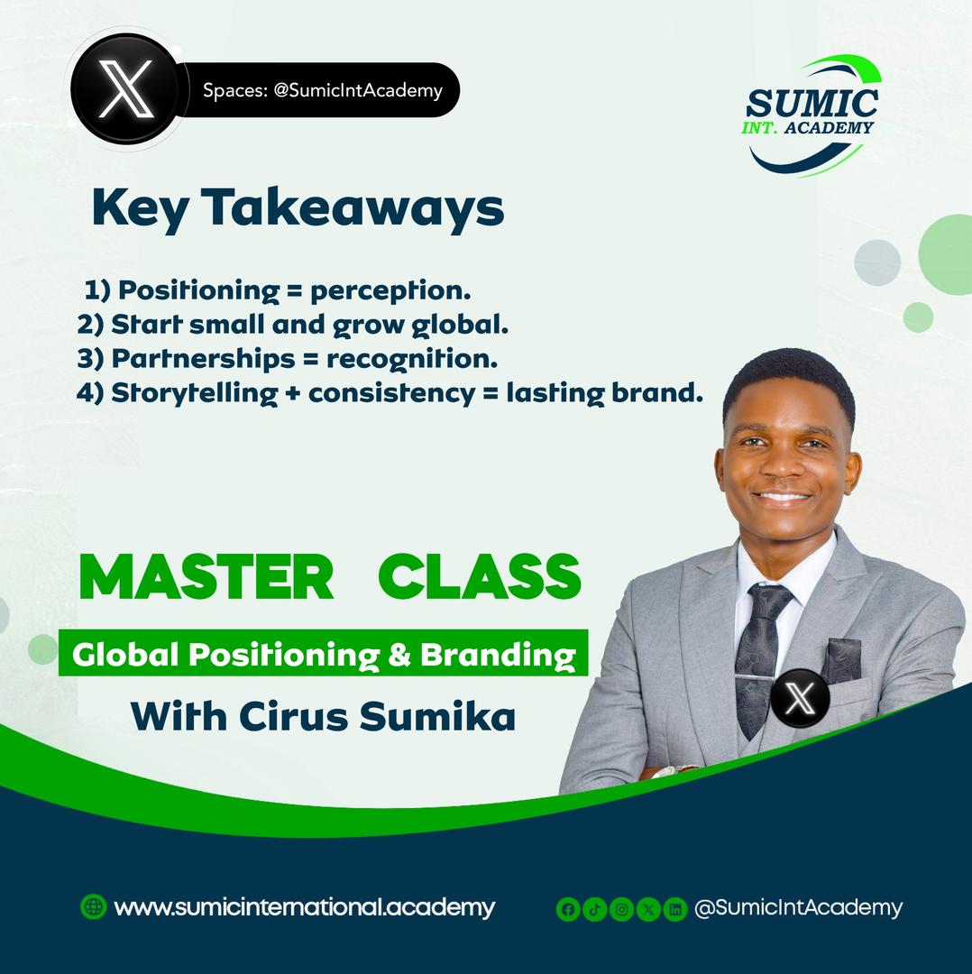 Sumic International Academy (@sumicintacademy) on Twitter photo Global Positioning & Branding Master Class with Cirus Sumika (<a href="/MrSumic/">Cirus Sumika ~ Mr. Sumic</a>)
🎯 Key Takeaways
1️⃣ Positioning = Perception
2️⃣ Start Small and grow global
3️⃣ Partnerships = recognition
4️⃣ Storytelling + consistency = lasting brand
#SumicXSpace #SumicIntAcademy #MasterClass Global Positioning & Branding Master Class with Cirus Sumika (<a href="/MrSumic/">Cirus Sumika ~ Mr. Sumic</a>)
🎯 Key Takeaways
1️⃣ Positioning = Perception
2️⃣ Start Small and grow global
3️⃣ Partnerships = recognition
4️⃣ Storytelling + consistency = lasting brand
#SumicXSpace #SumicIntAcademy #MasterClass