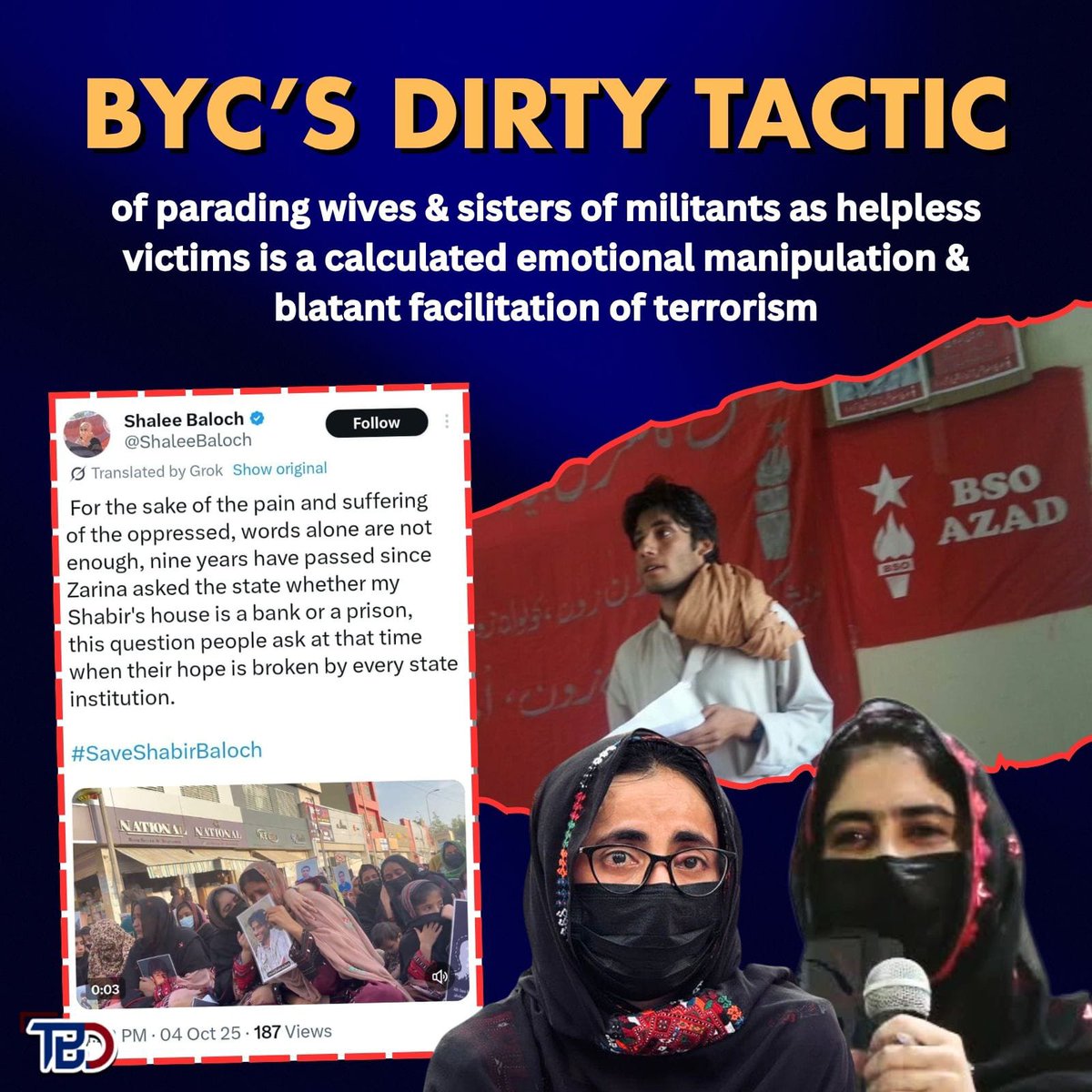 Bleed_GreenPK's tweet image. #BYC uses women like Zarina and Samina Baloch to mask terrorism as activism. Shabir Baloch was a #BSO-Azad militant, not a victim. BYC’s campaign legitimizes terrorism, not justice. Figures like Sabiha, Mahrang, and Nadia Baloch are enablers, not human rights defenders.
#patlama