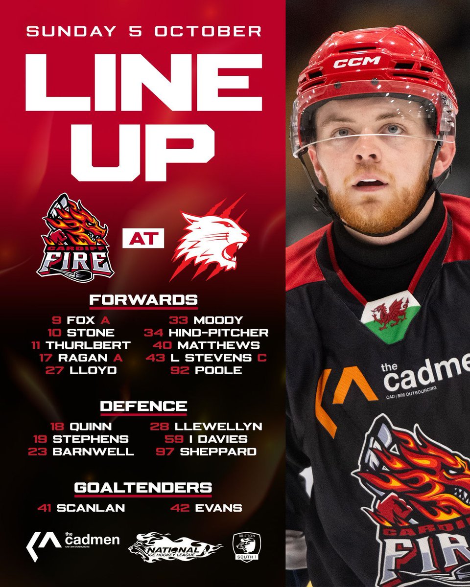 CardiffFireIHC's tweet photo. Your Fire line-up on derby day in Swindon ๐๐ฅ
๐ด #41 Ben Scanlan starts in net ๐ฅ
#CF10Years | #FireHockey | #FireItUp https://t.co/PFWHbnH9Cr