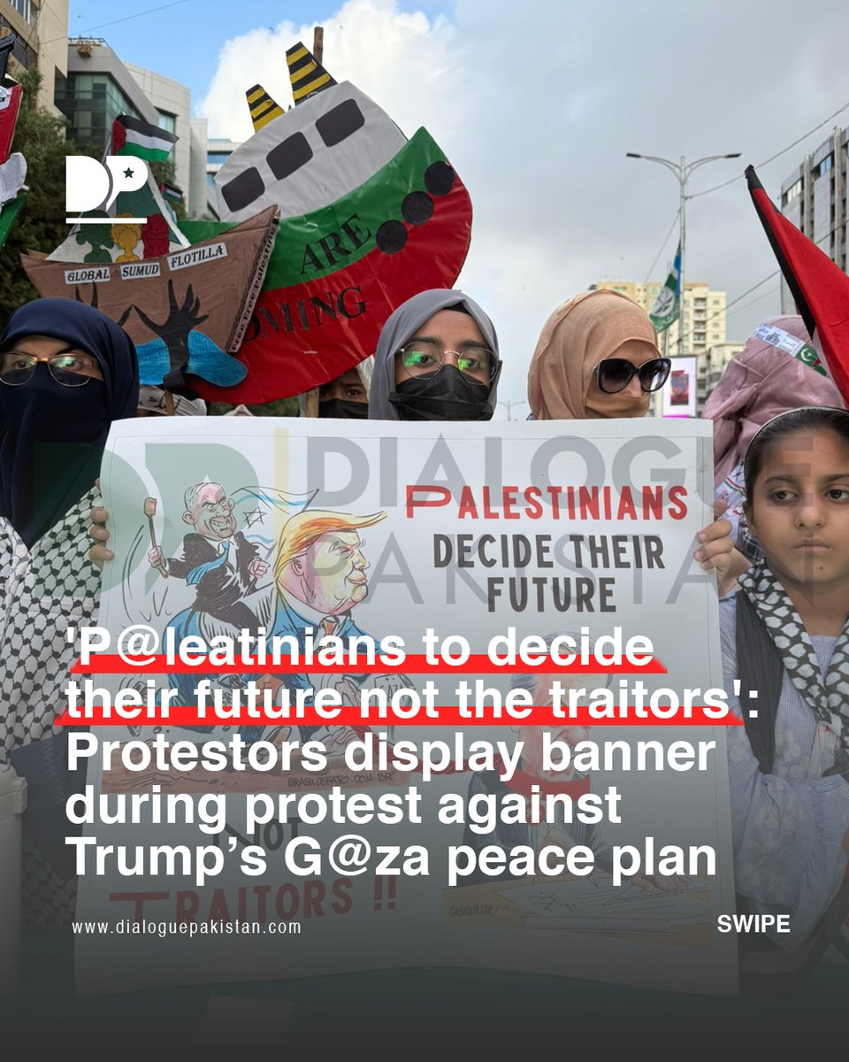 DialoguePak's tweet image. 'P@leatinians to decide their future not the traitors': Protestors display banner during protest against Trump’s G@za peace plan.

#DialoguePakistan #Decide #Future #Traitors #Protestors #Display #Banner #Protest #Trump #Peace #Plan