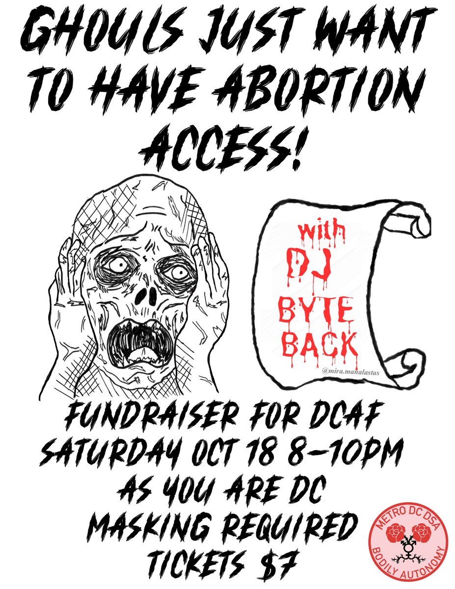 bawg_mdcdsa's tweet image. 👻Ghouls Just Want Abortion Access👻
Join BAWG on Saturday, 10/18 from 8-10pm at as you are. DC for a fundraiser for the DC Abortion Fund! We’ll be hosting a dance party with DJ Byte Back, our own block-printed merch, and more!
bit.ly/BAWG_Ghouls (1/6)