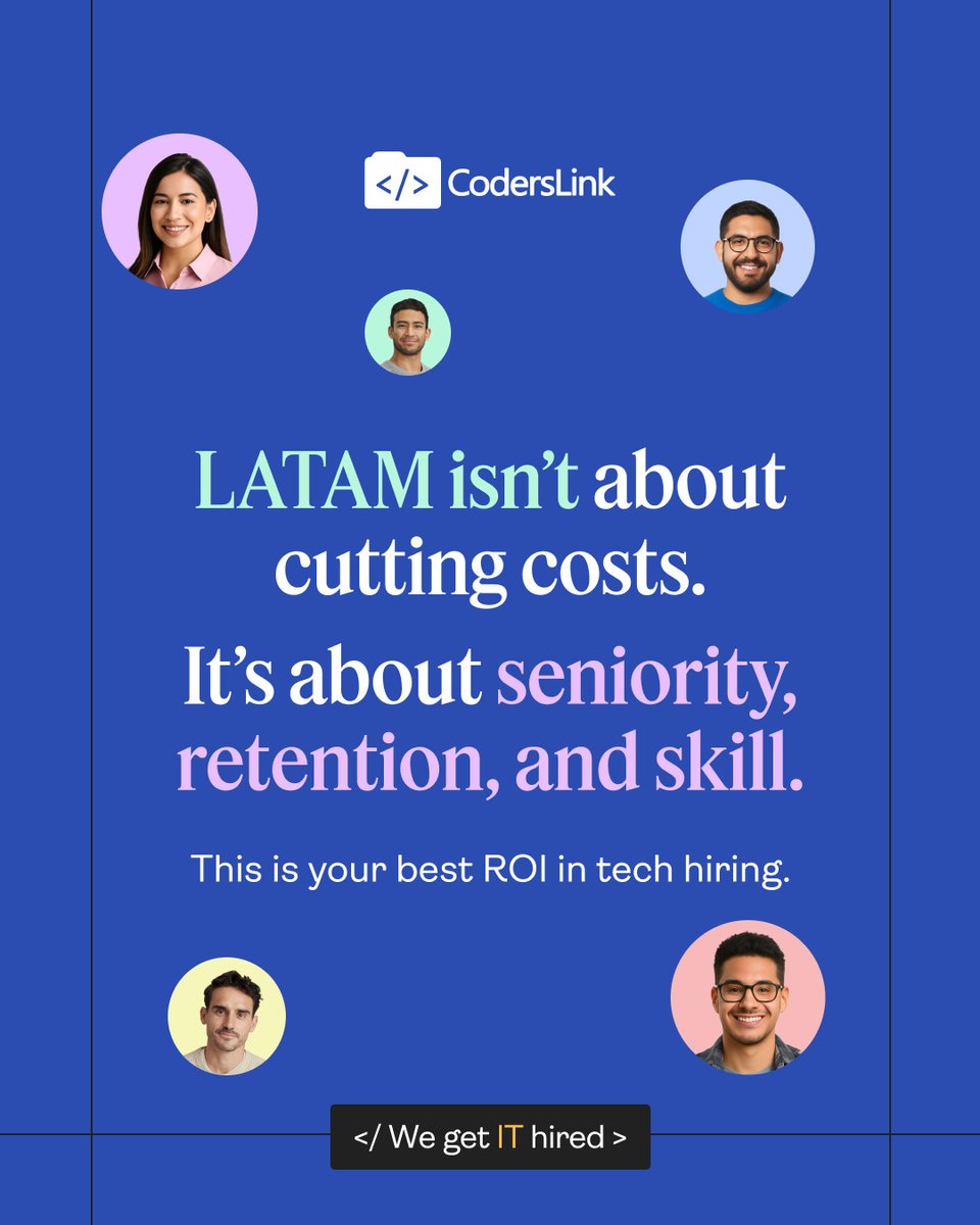 hirecoderslink's tweet image. LATAM isn’t cheap labor. It’s seniority, retention, and skill—the true ROI in tech hiring.
Stop thinking in costs. Start investing in value.
#TechHiring #LATAMTalent #CodersLink