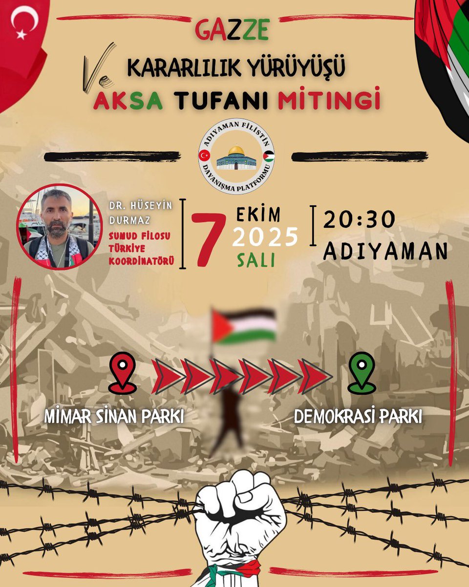 Özgürlüğe Yürüyoruz! 🇵🇸🇹🇷

Aksa Tufanı’nın yıl dönümünde, Gazze’nin özgürlüğü için tek yürek oluyoruz.

Gazze'nin sesi olmak, insan onur ve haysiyetini ayakta tutmak için tüm kardeşlerimi, vicdan sahibi herkesi Gazze için, özgürlük için, Kararlılık Yürüyüşe ve Aksa Mitingine
