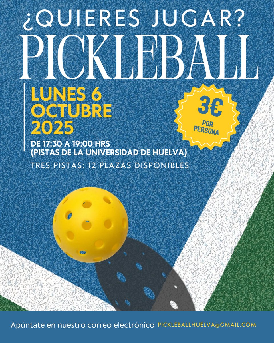 ¿Quieres jugar a Pickleball? Mañana tenemos nueva cita en las pistas de la Universidad de Huelva. Sólo 12 plazas disponibles...apúntate en el correo pickleballhuelva@gmail.com