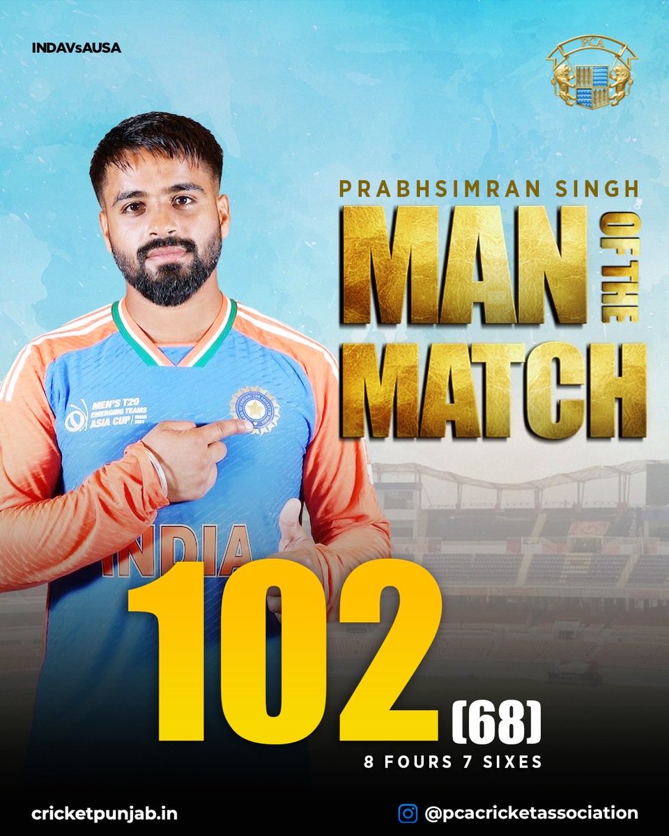 pcacricket's tweet image. 🏆 Man of the Match – Prabhsimran Singh! 🏆

A blistering century – 102 off 68 balls 💥 – set the stage for India A’s successful chase of 316 against Australia A.
His innings turned the game and secured a thrilling 2-wicket win! 🔥🙌

#PCA #PunjabCricket #PrabhsimranSingh…
