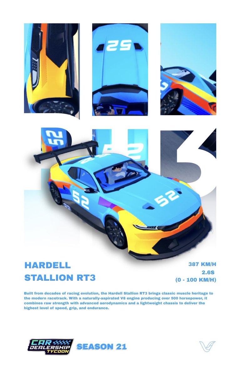 A favorite of this Season. 

Hardell Stallion RT3🏁

#CarDealershipTycoon #CDTuesday #Season21 <a href="/Foxzie_RBLX/">Foxzie</a>