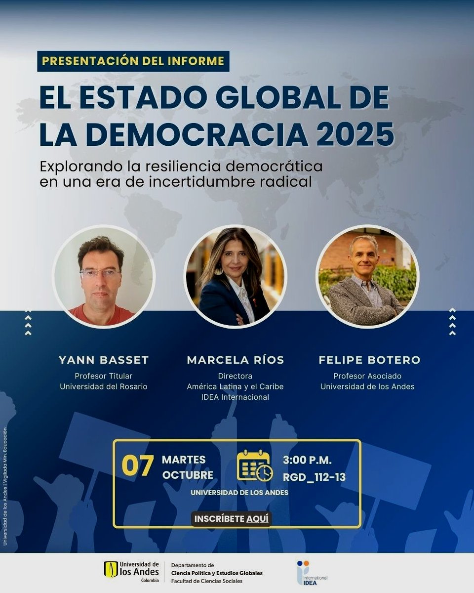 Facultad de Ciencias Sociales Uniandes (@facisouniandes) on Twitter photo 🗳️ ¿Cómo se sostiene la resiliencia democrática en medio de una era de incertidumbre radical?
Este 7 de octubre a las 3:00 p.m., en la Universidad de los Andes, dialogaremos con expertos que analizarán los hallazgos más relevantes de este informe y sus implicaciones en el 🗳️ ¿Cómo se sostiene la resiliencia democrática en medio de una era de incertidumbre radical?
Este 7 de octubre a las 3:00 p.m., en la Universidad de los Andes, dialogaremos con expertos que analizarán los hallazgos más relevantes de este informe y sus implicaciones en el