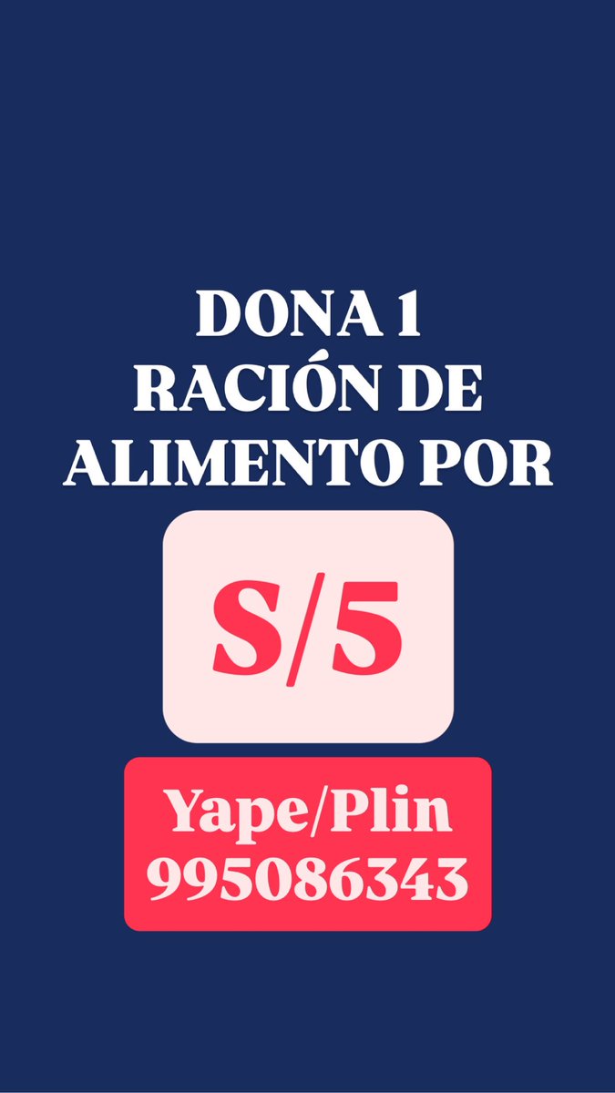 🆘URGENTE‼️

NOS QUEDAMOS SIN ALIMENTO
DONA UNA RACIÓN S/5
META: 228 RACIONES😭

YAPE/PLIN 995086343
Mismo número para coordinar envío de alimento en físico.