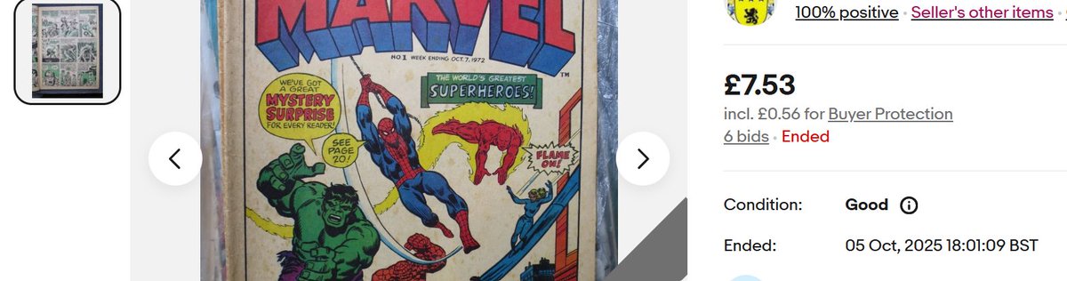 Had a strange old day bidding on that elusive complete copy of Mighty World Of Marvel #1.
Lost a FN+ copy @ £72 this morning &amp; just won a VG+ ish copy for a steal minutes ago.
Seller replied to say it is fine inside.
Been an almost 53 year journey since I was given #8 late in '72
