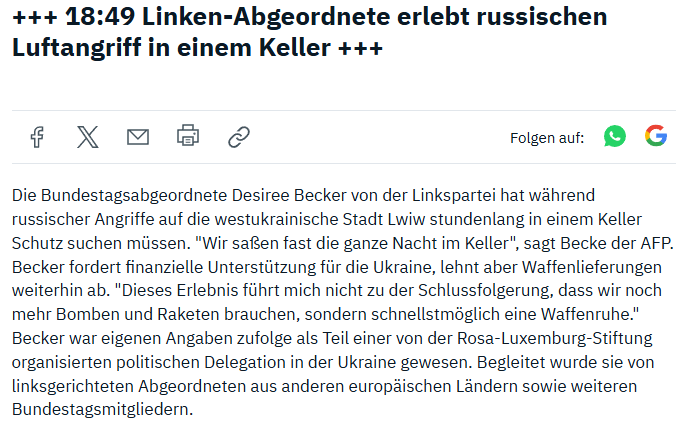 thegauguy's tweet image. Let me recap. An MP from the German party “Die Linke” (lefts) was in Lviv and spent hours in a cellar at night seeking shelter (Russian attacks) and her reaction to that in an interview is to say that she still doesn't believe in military aid, but says we need a peace agreement?