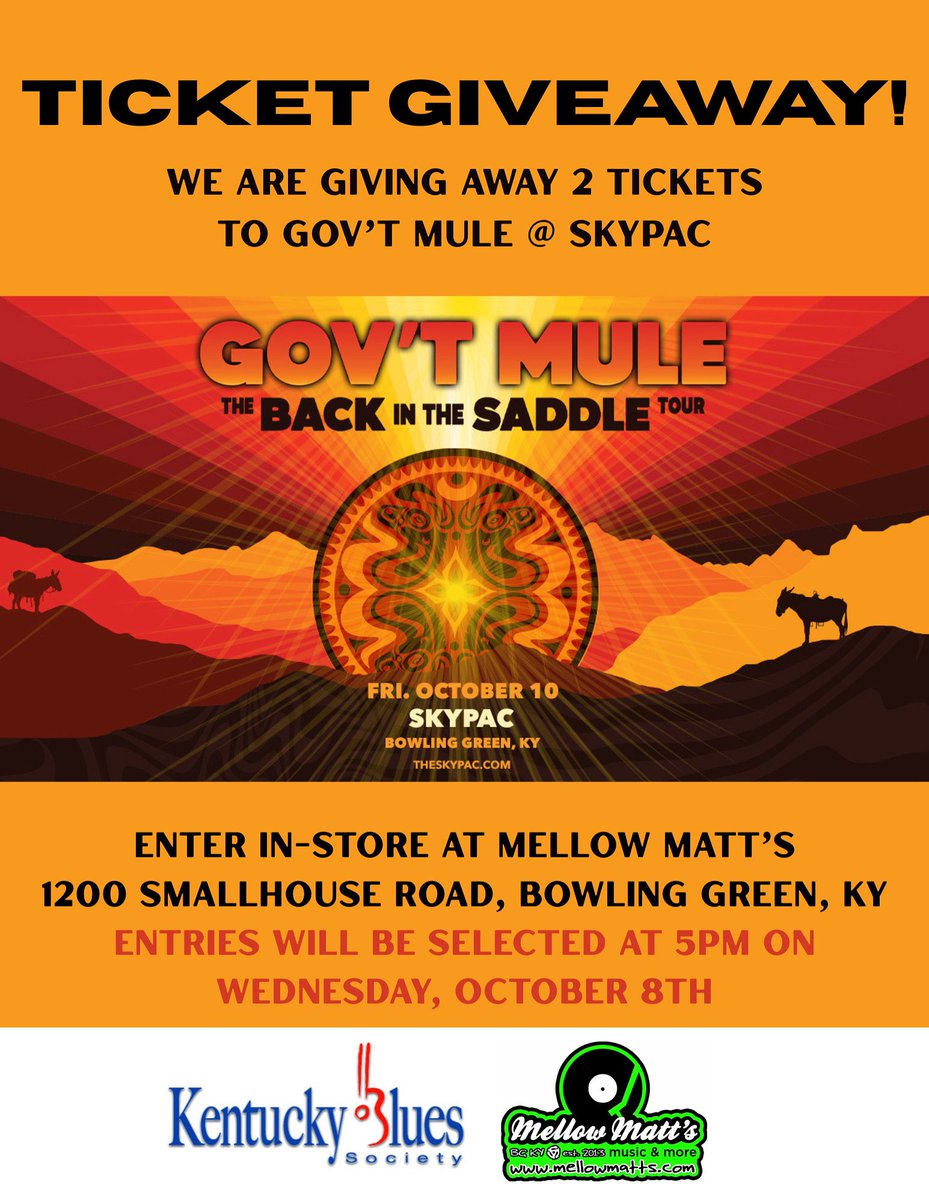 MellowMatts's tweet image. TICKET GIVEAWAY! Swing by Mellow Matt’s and drop your name in the hat to win a pair of Govt Mule tickets to the show at Skypac this Friday, Oct. 10, courtesy of our friends at Kentucky Blues Society! The drawing will be, Wednesday at 5pm!
#govtmule
#recordstores
#kybluessociety