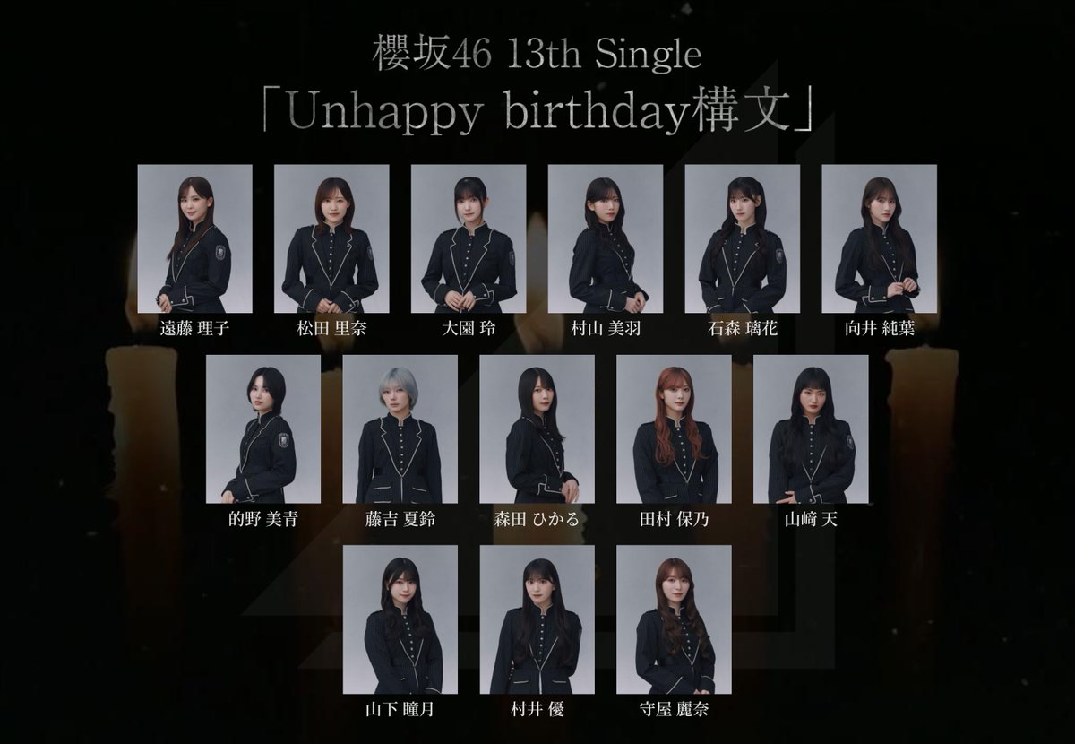 櫻坂46 13th Single
「Unhappy birthday構文」
選抜フォーメーション

初センター：村井 優
初選抜：遠藤 理子

#櫻坂46
#櫻坂46_UnhappyBD構文
#Sakurazaka46
