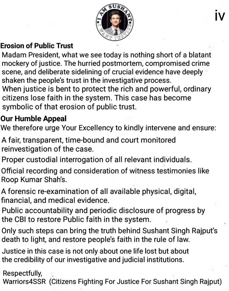 NY Traveler (@nytraveler2) on Twitter photo Open Letter Appeal !!! To,
<a href="/rashtrapatibhvn/">President of India</a>
Mam For Intervention Into #JusticeForSushantSinghRajput
PoliticalWill Needed InSSRCase From: Global #SSRians 🙏
<a href="/narendramodi/">Narendra Modi</a> ji
<a href="/AmitShah/">Amit Shah</a> ji
<a href="/Dev_Fadnavis/">Devendra Fadnavis</a> ji
<a href="/NiteshNRane/">Nitesh Rane</a> ji
<a href="/CBIHeadquarters/">Central Bureau of Investigation (India)</a>
<a href="/withoutthemind/">Priyanka Singh</a> Open Letter Appeal !!! To,
<a href="/rashtrapatibhvn/">President of India</a>
Mam For Intervention Into #JusticeForSushantSinghRajput
PoliticalWill Needed InSSRCase From: Global #SSRians 🙏
<a href="/narendramodi/">Narendra Modi</a> ji
<a href="/AmitShah/">Amit Shah</a> ji
<a href="/Dev_Fadnavis/">Devendra Fadnavis</a> ji
<a href="/NiteshNRane/">Nitesh Rane</a> ji
<a href="/CBIHeadquarters/">Central Bureau of Investigation (India)</a>
<a href="/withoutthemind/">Priyanka Singh</a>