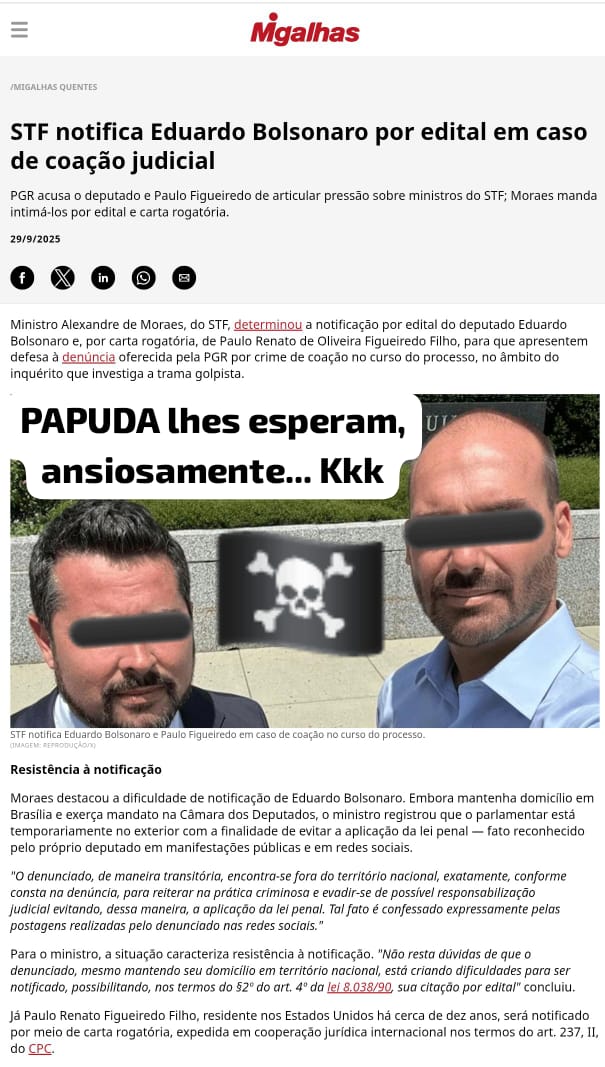 <a href="/pfigueiredo08/">Paulo Figueiredo (8)</a> <a href="/ciro_nogueira/">Ciro Nogueira</a> <a href="/BolsonaroSP/">Eduardo Bolsonaro🇧🇷</a> Vamos criar um novo país aí dentro da América do Norte, talvez no Texas seria uma boa, pra botar toda a trupe de bozominions pra serem dirigidos/governados por esses 2 vermes refugiados aí nos EUA: Pfigueir3do e bananinha 🍌.

Vai dar tudo certo, vão todos vocês pra lá, please 🤣