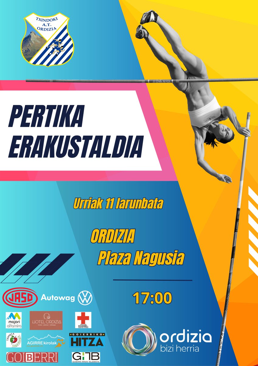 📢 Datorren larunbatean, urriak 11, pertika jauzi erakustaldia izango dugu Ordizian.   

⏰17:00
📍Ordiziako Plazan Nagusia

👇Zatoz eta ezagutu atletismoa bertatik bertara!

<a href="/Ordiziako_Udala/">Ordiziako Udala</a> <a href="/GipuzkoaKirolak/">Gipuzkoa Kirolak</a> <a href="/atletismogaf/">Gipuzkoako Atletismo Federazioa</a>